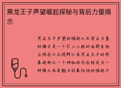 黑龙王子声望崛起探秘与背后力量揭示